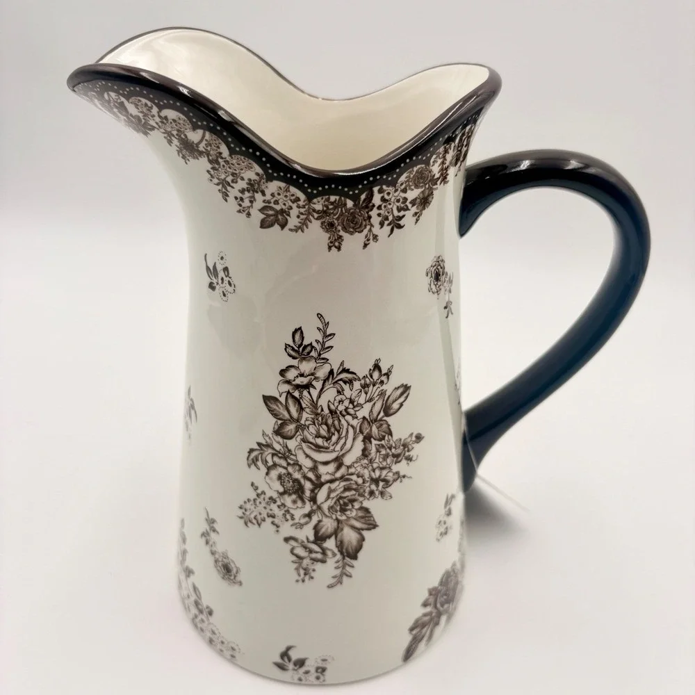 Robert Stanley Fall Classics Brown White Floral Toile Ceramic Pitcher Scalloped